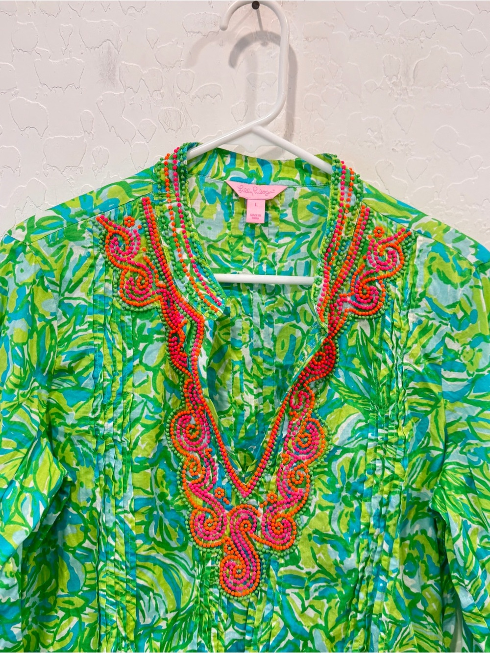 Lilly Pulitzer Green Sarasota Beaded V-Neck Tunic Women’s Large Resort Beach - Picture 2 of 9